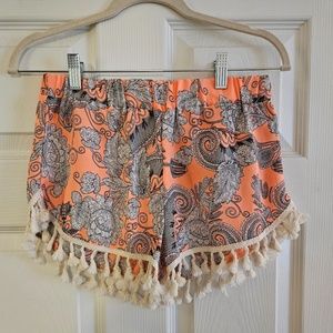 Steezyer Neon Orange w/Black & White Floral Print Shorts with Cream Tassels S